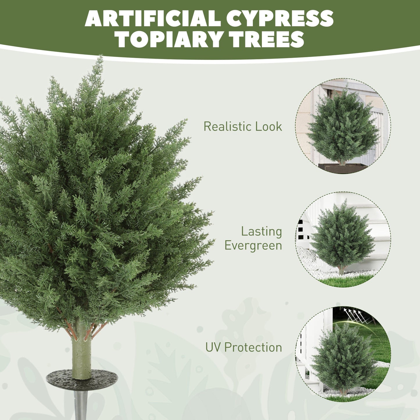 HOMCOM 60 cm Artificial Cypress Tree with Ground Stake, Set of 2 Artificial Plants for Indoor & Outdoor, UV Resistant, Green