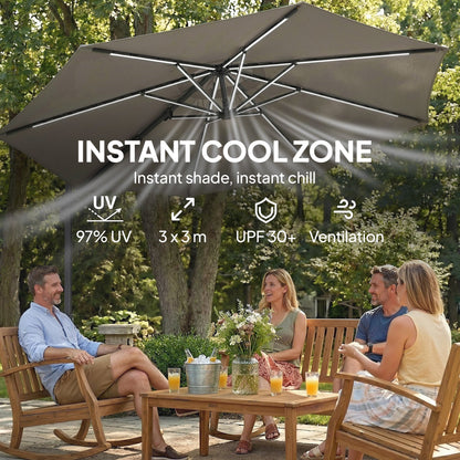 Outsunny 3 m Garden Cantilever Parasol with LED Solar Light, Round Overhanging Umbrella with 360Â° Rotation, Cover, Grey