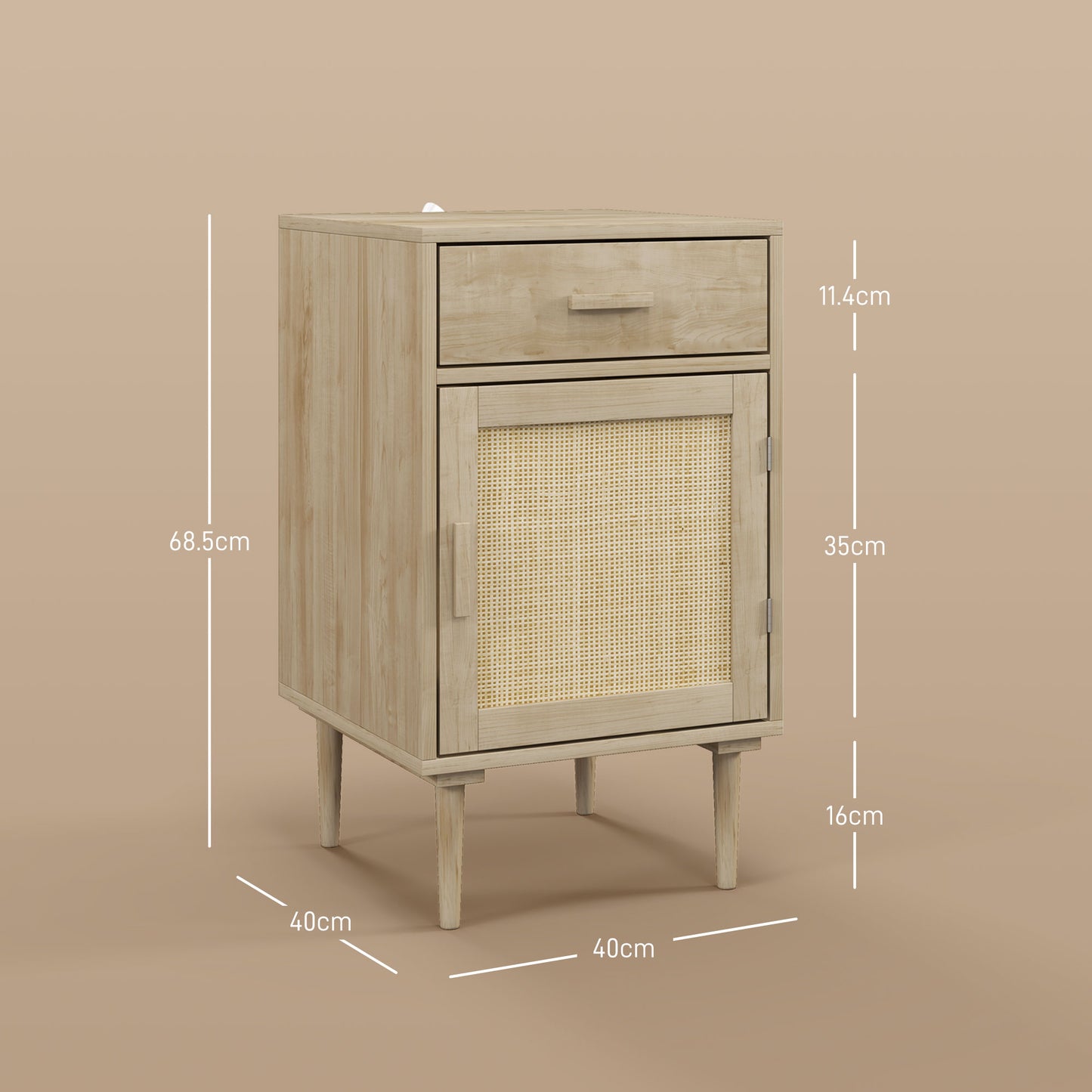 HOMCOM Bedside Tables Set of 2, Rattan Side Tables with Drawer, Cabinet and Adjustable Shelf, Boho Bedside Cabinets with Storage for Bedroom, Living Room, Natural Wood Finish