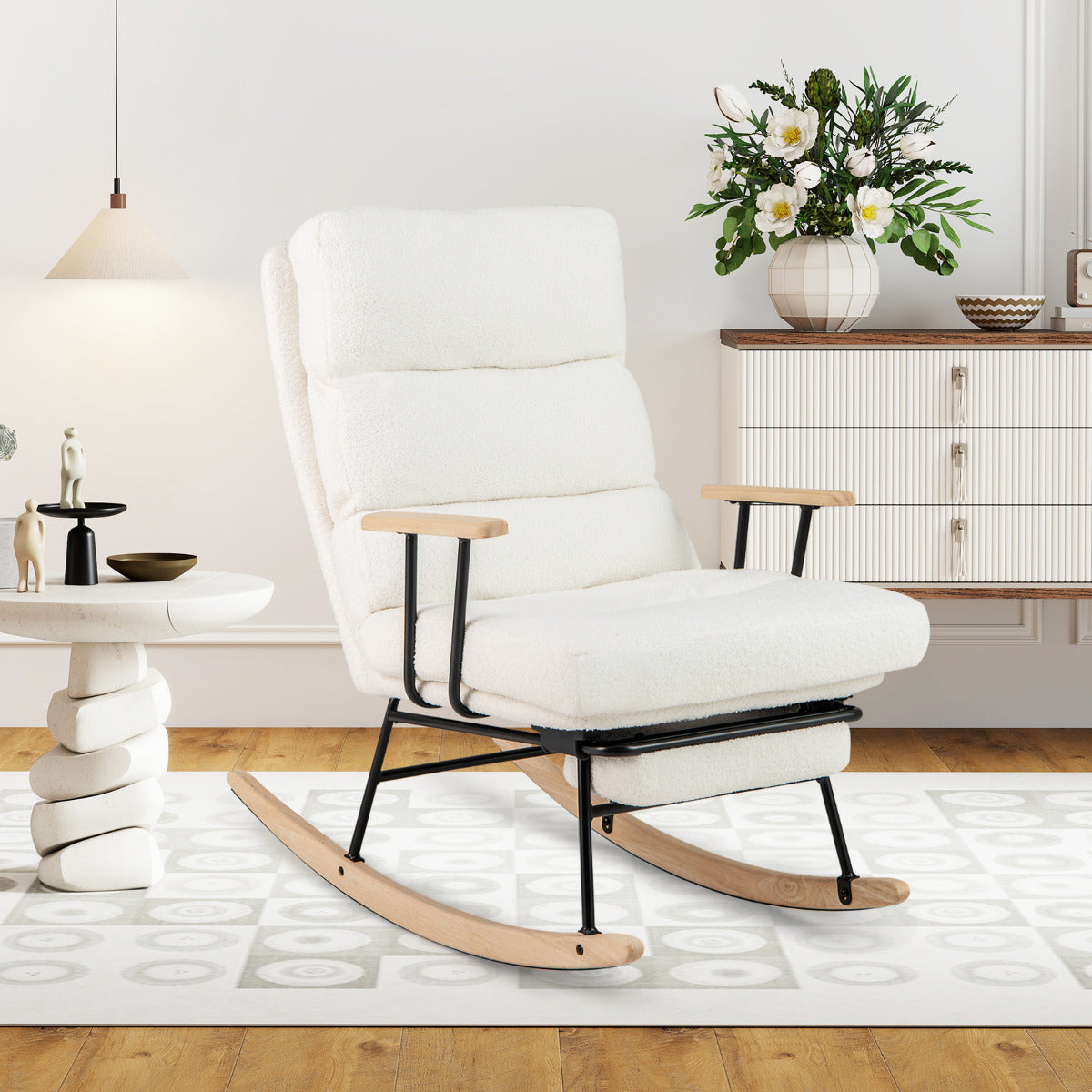 Nursery Rocking Chair Teddy Velvet Upholstered Rocking Chair-White