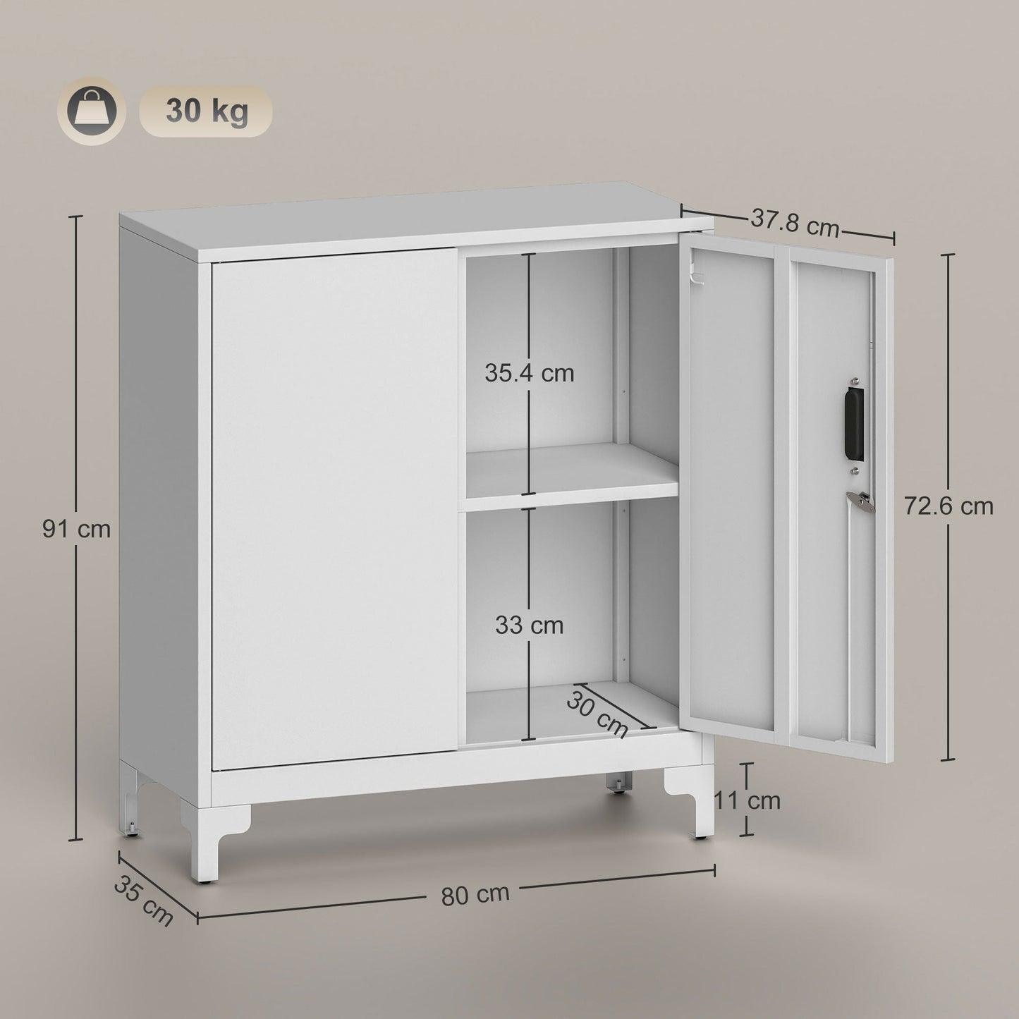 HOMCOM Lockable Metal Filing Cabinet, 2-Tier Storage Cupboard with Double Doors, Modern Office Organiser, White