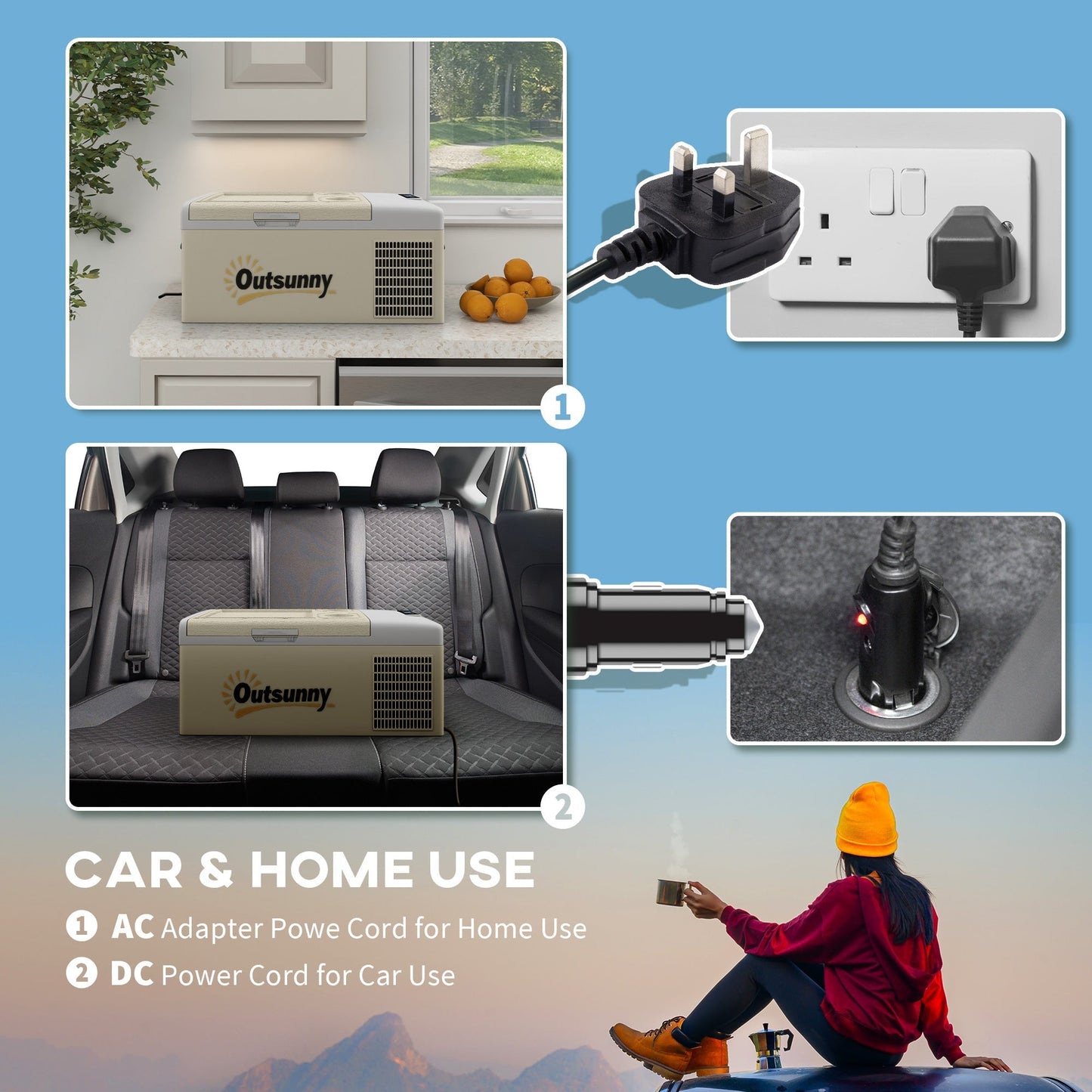 Outsunny 16L Portable Car Fridge, -20√¢‚Äû∆í to 10√¢‚Äû∆í Adjustable Temperature - Khaki/Grey