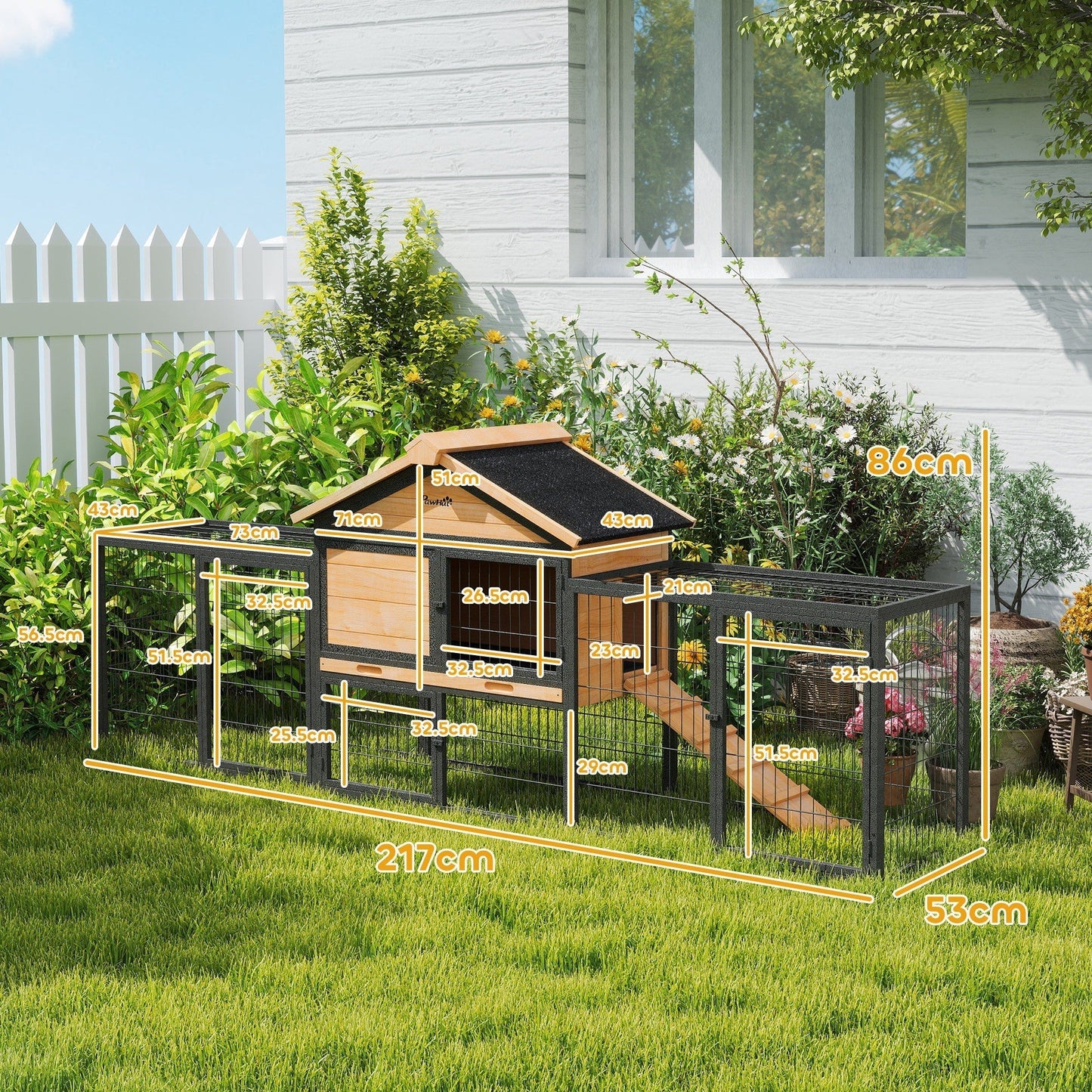 PawHut Wooden Rabbit Hutch Outdoor with Steel Run, Wooden Guinea Pig Cage with Removable Plastic Tray, Asphalt Roof, Ramp