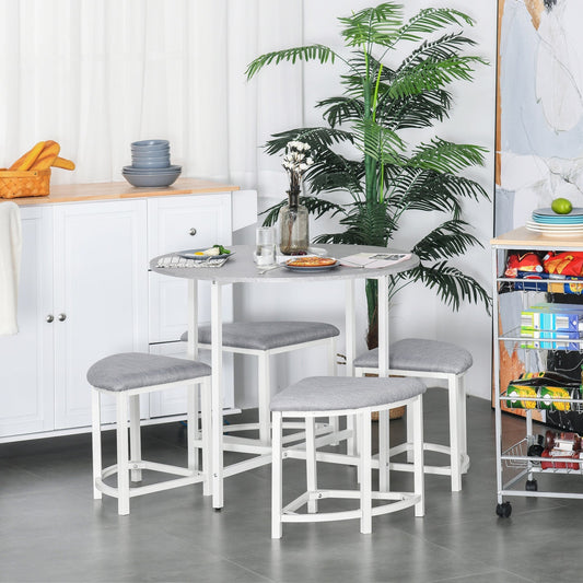 HOMCOM Modern Round Dining Table Set with 4 Upholstered Stools for Dining Room, Kitchen, Grey