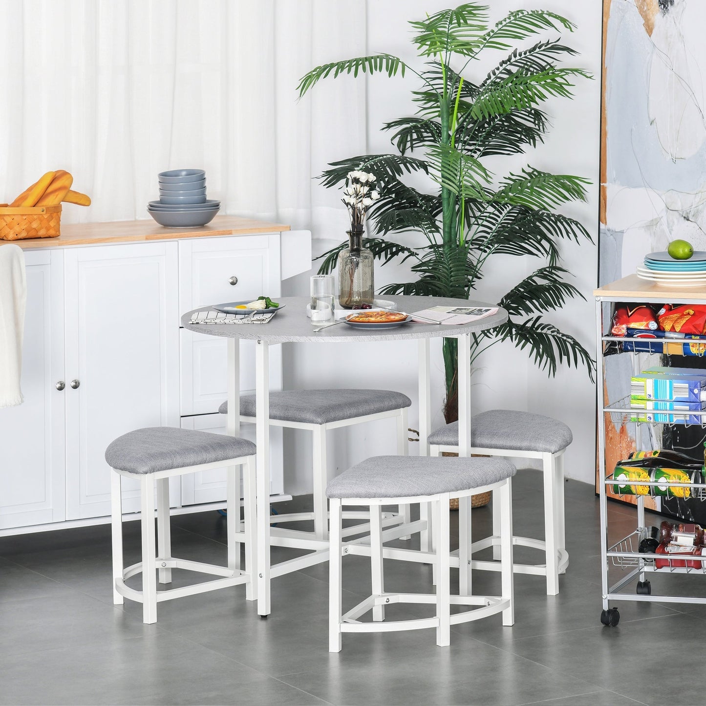 HOMCOM Modern Round Dining Table Set with 4 Upholstered Stools for Dining Room, Kitchen, Grey