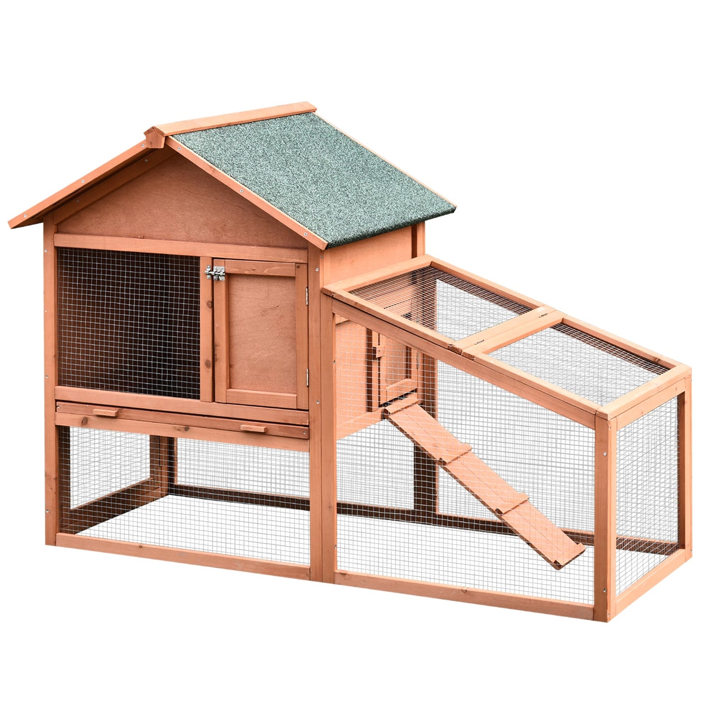 PawHut 2 Tier Rabbit Hutch Outdoor Water Resistant Asphalt Roof Ramp Sliding Tray 144 x 64.5 x 100 cm - Natural wood