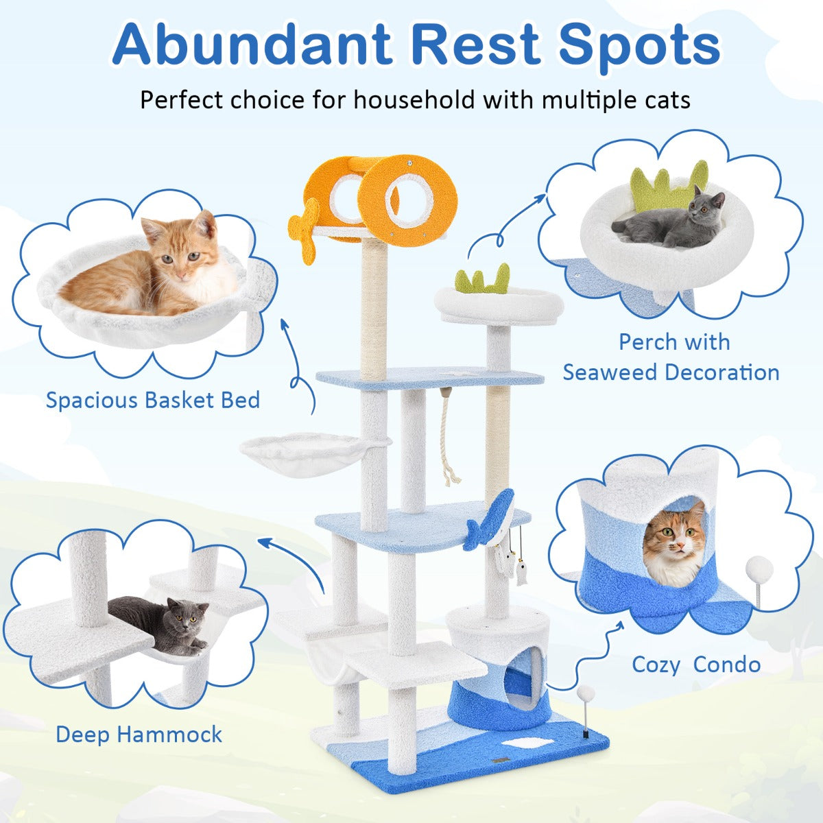 Ocean-themed Cat Tree Tower with Sisal Covered Scratching Posts-Blue