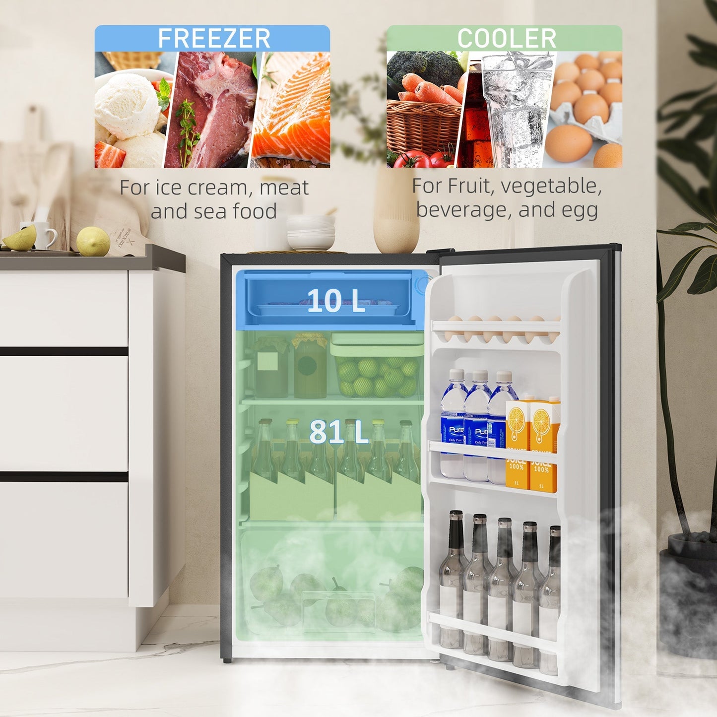 HOMCOM 91 Litre Freestanding Under Counter Fridge Freezer, Small Fridge with Chiller Box, Adjustable Thermostat, 47.5cm Wide, Silver Tone