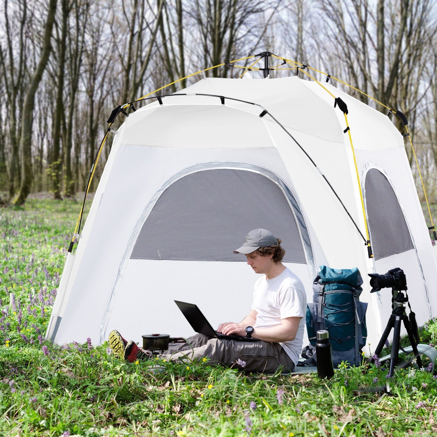 Outsunny 4 Person Automatic Camping Tent, Outdoor Pop Up Tent, Portable Backpacking Dome Shelter, Light Grey