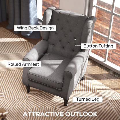 HOMCOM Retro Accent Chair, Linen Wingback Armchair with Wood Frame Button Tufted Design for Living Room Bedroom, Dark Grey