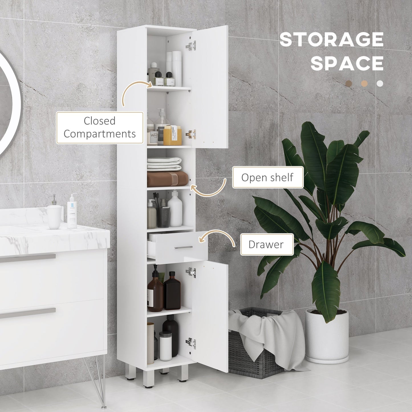 kleankin 71" Tall Slim Bathroom Storage Cabinet, Tall Narrow Cupboard with Drawer, Open Shelves, 2 Doors Cabinets and Adjustable Shelves for Kitchen, Hallway, Living Room, High Gloss White