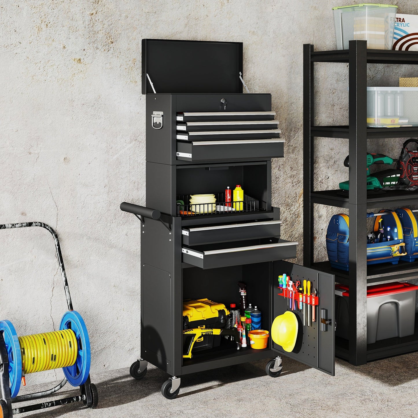 HOMCOM Three-Part Steel Locking Tool Chest - Black