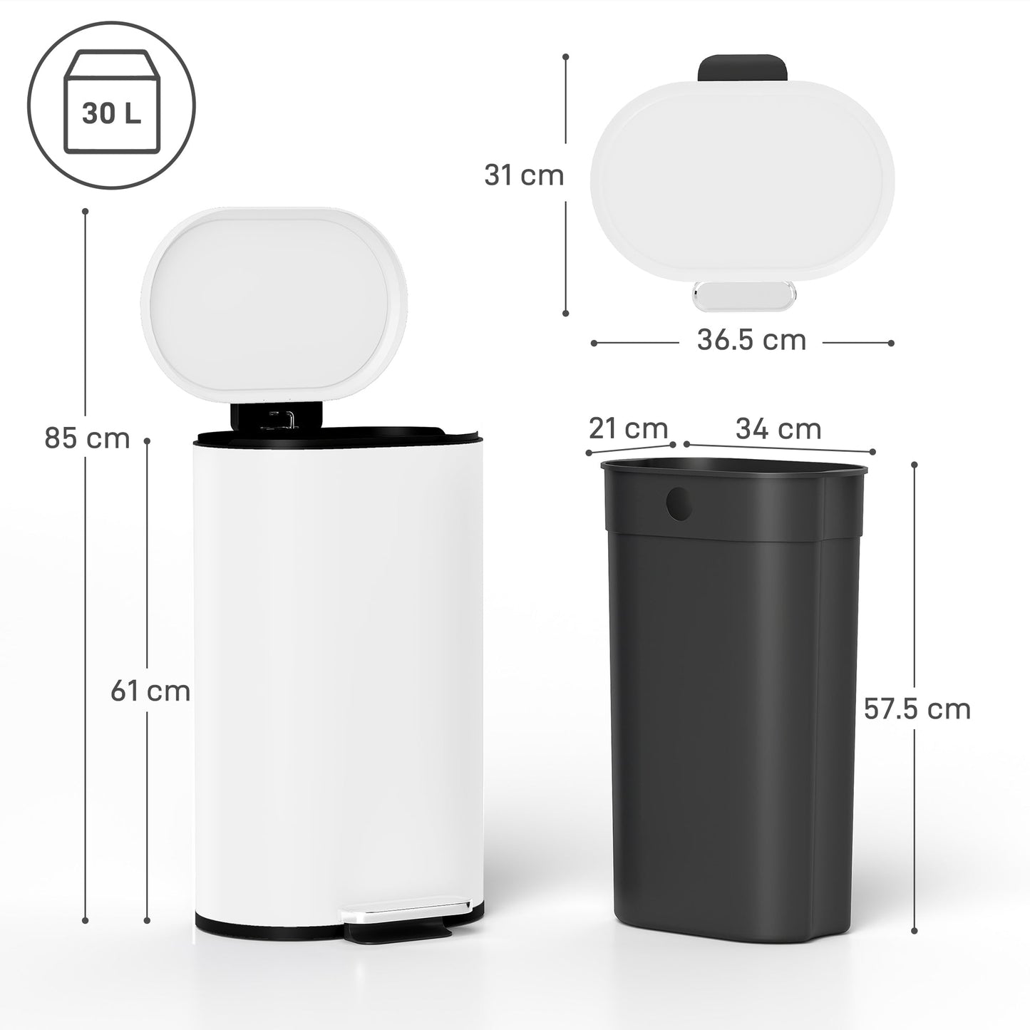 HOMCOM 30 L Modern Curved Kitchen Bin - White