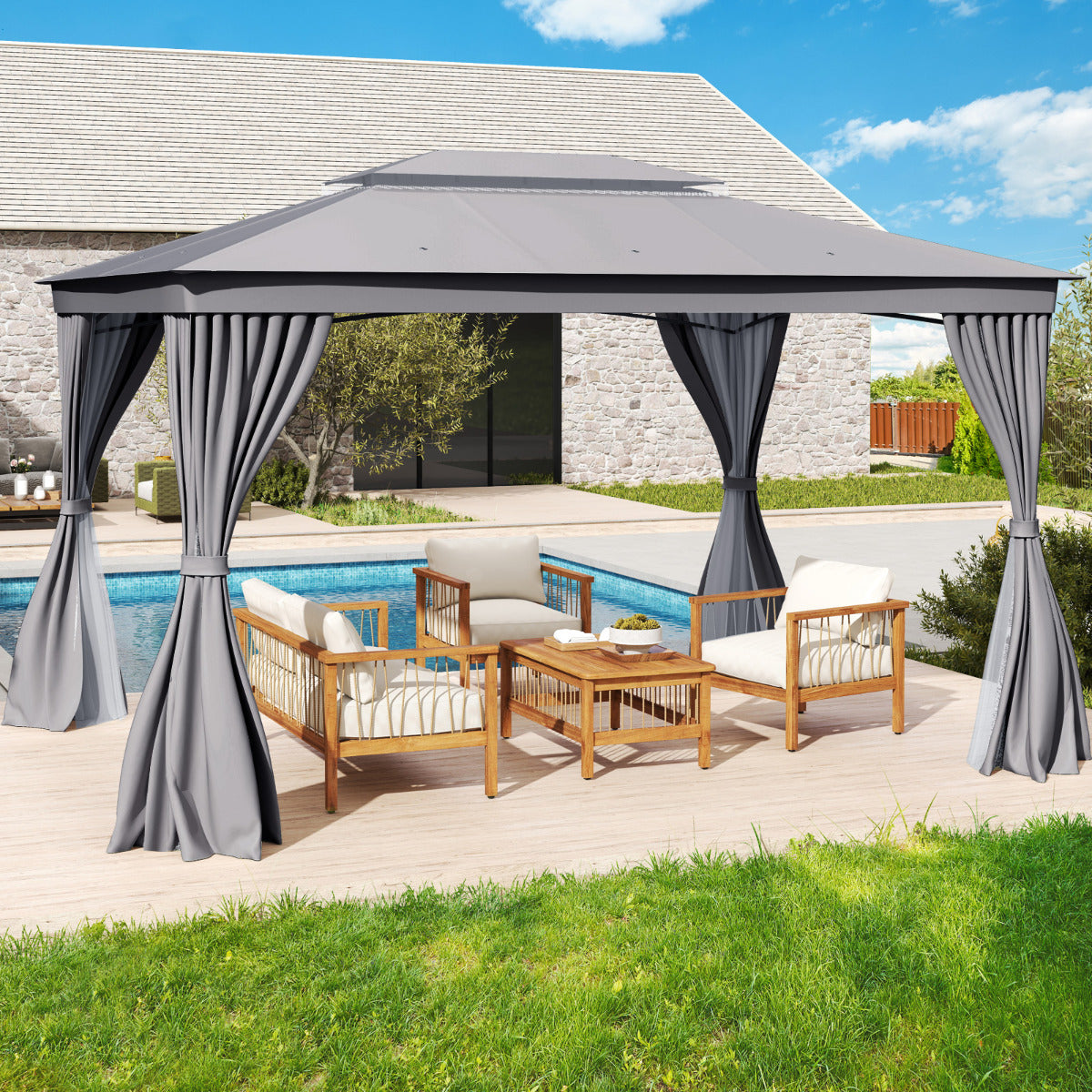 Outdoor Double-Roof Patio Gazebo Canopy Tent with Mesh Netting-Grey