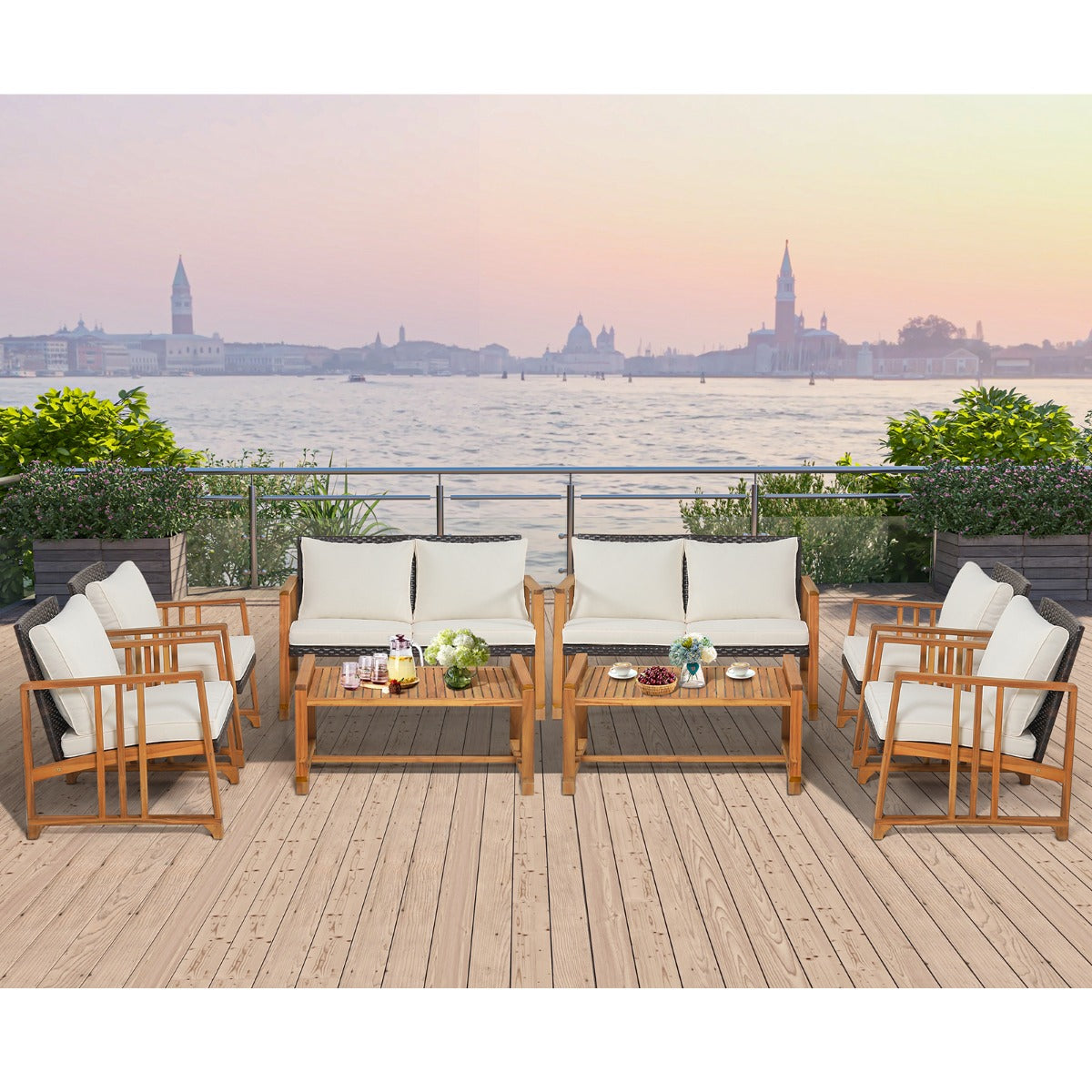 Outdoor Mix Brown Rattan Set with Acacia Wood Frame and Back Cushions-White