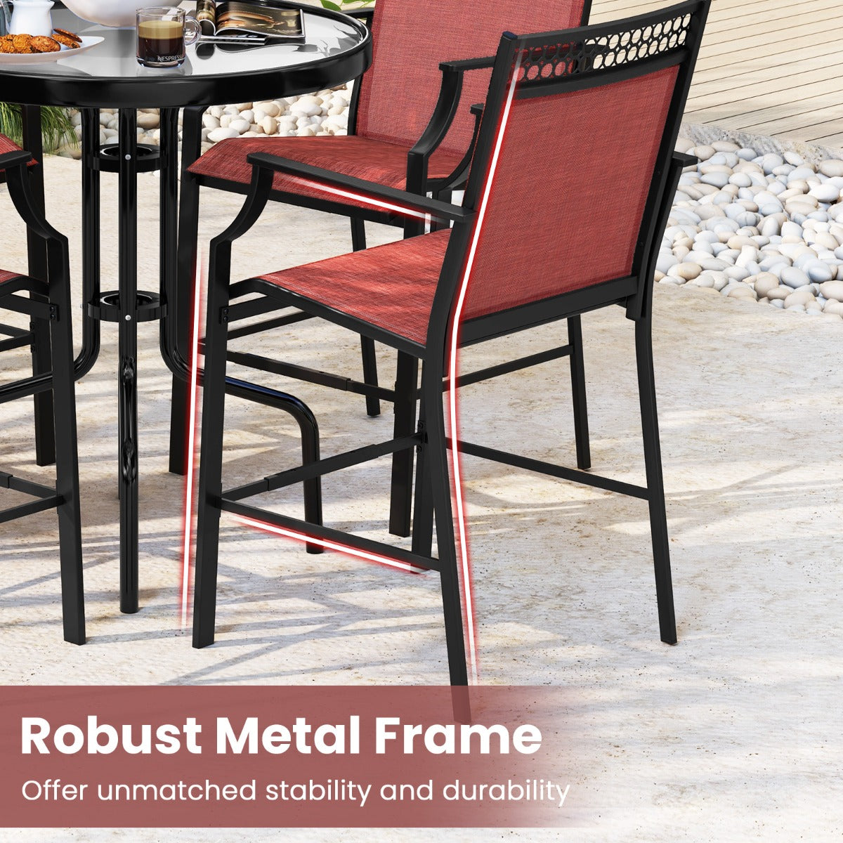 Outdoor Patio Chair Set of 2 with Footrest and High Back and Armrests-Red