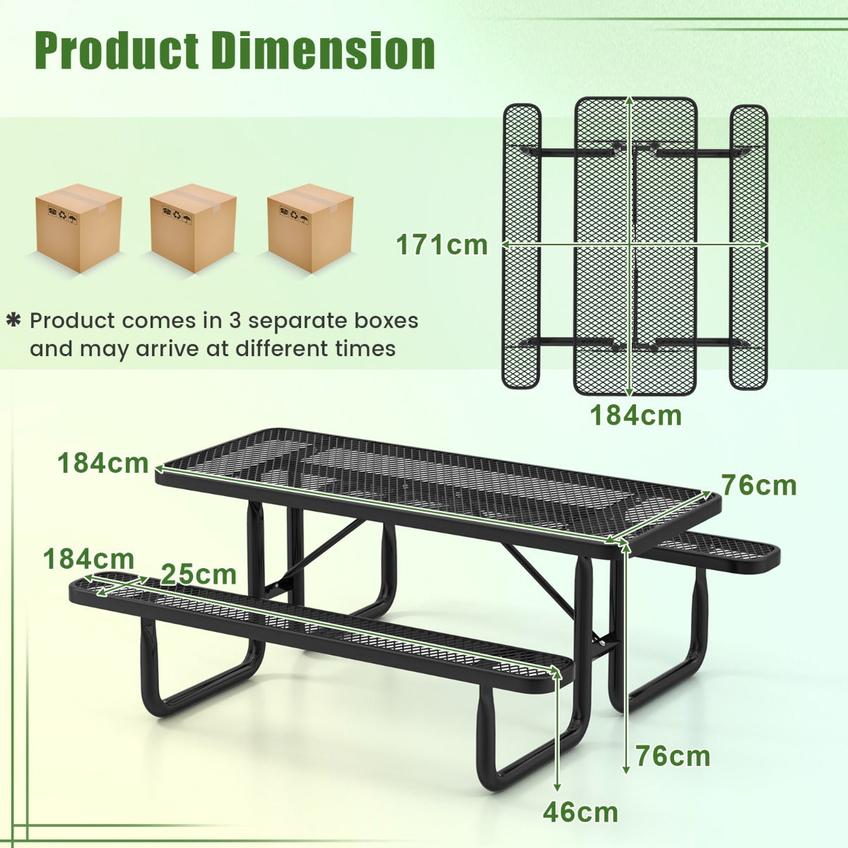 Outdoor Picnic Table &amp; Bench Set for 8 with Seats &amp; Mesh Grid-Black