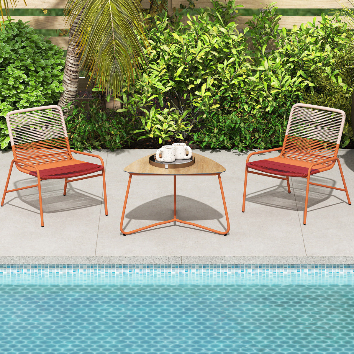 Outdoor Rattan Furniture Set with Gradient Chairs and Wood-Plastic Side Table-Orange