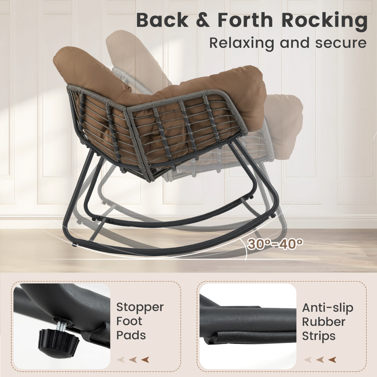 Outdoor Rocking Chair with Thick and Removable Cushion-Coffee