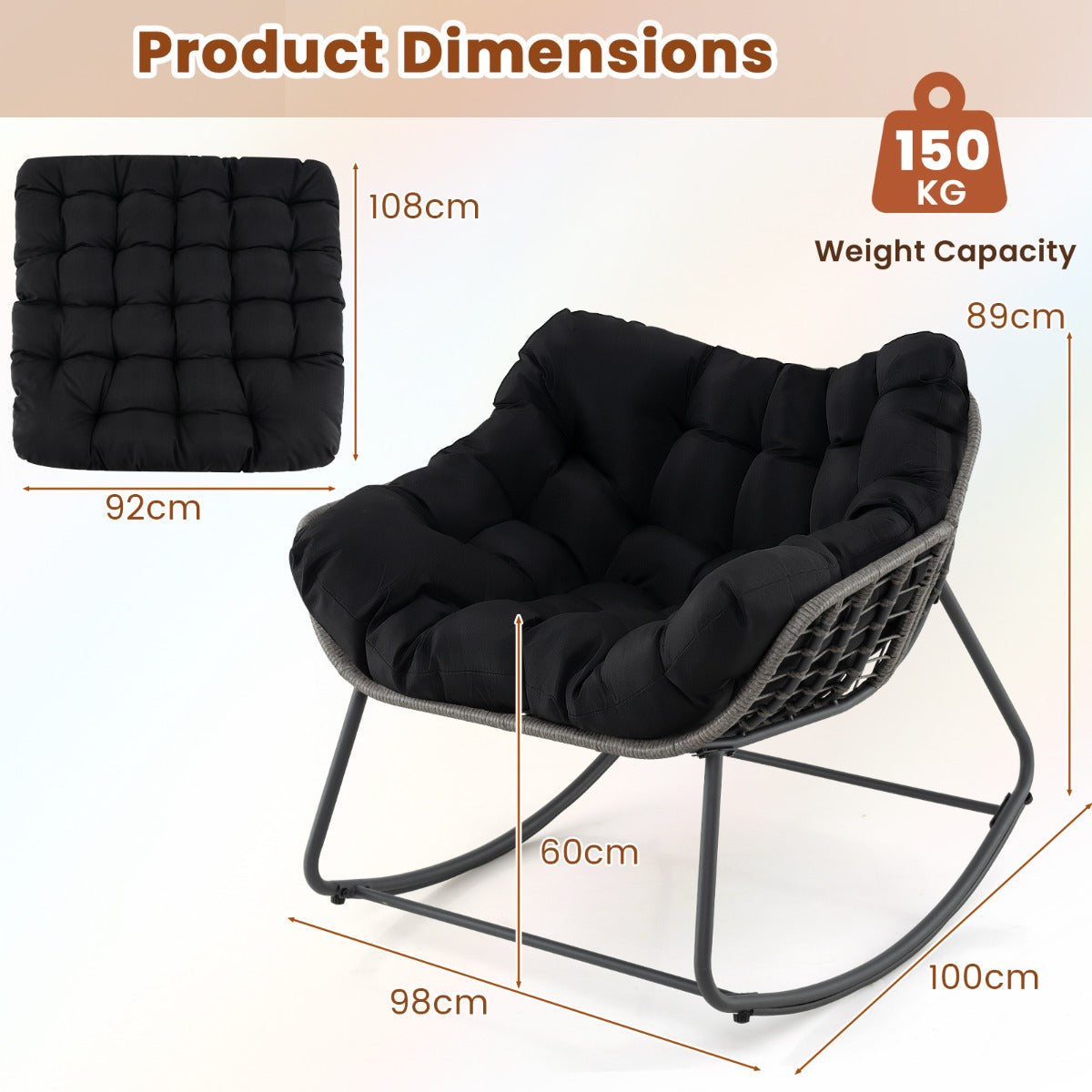 Outdoor Rocking Chair with Thick and Removable Cushion-Black