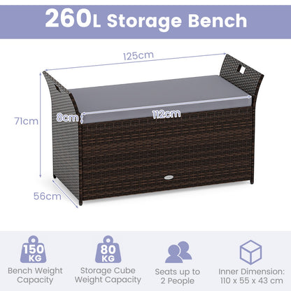 Outdoor Storage Bench with Hand-woven PE Rattan Wicker and Side Handles-Grey