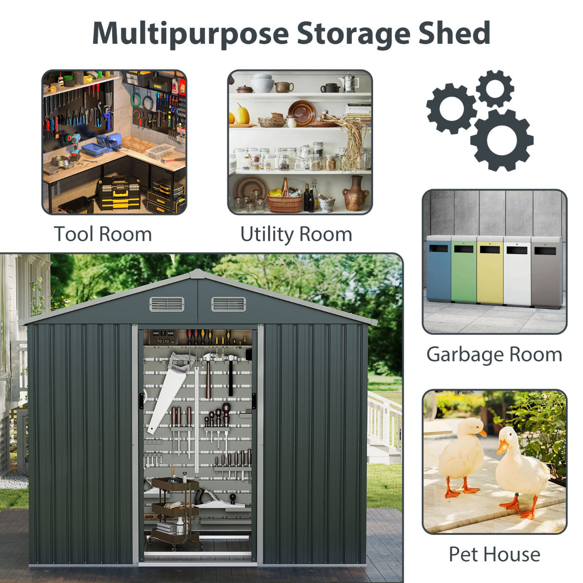 Outdoor Storage Shed with Sloping Top and Sliding Doors-Grey