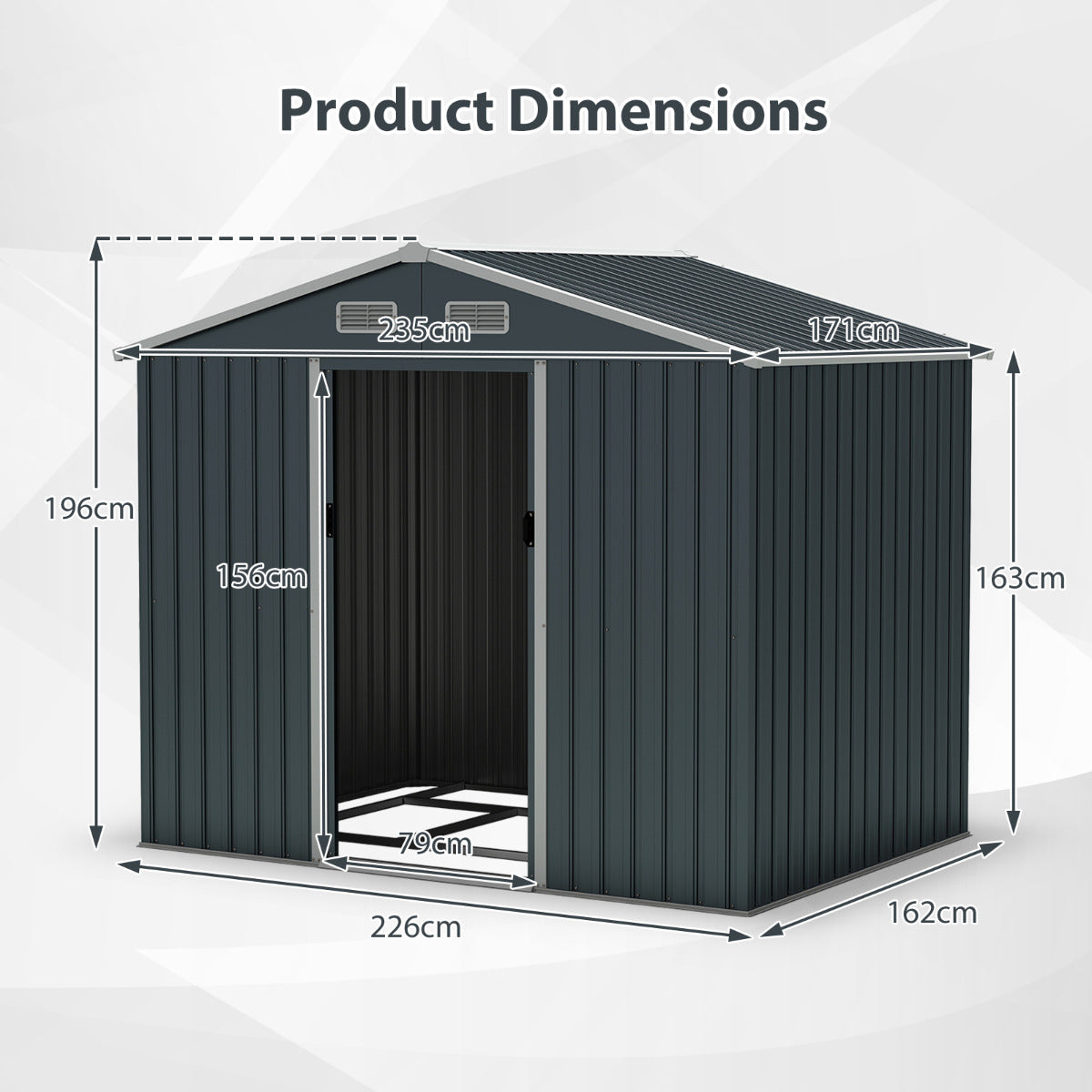 Outdoor Storage Shed with Sloping Top and Sliding Doors-Grey
