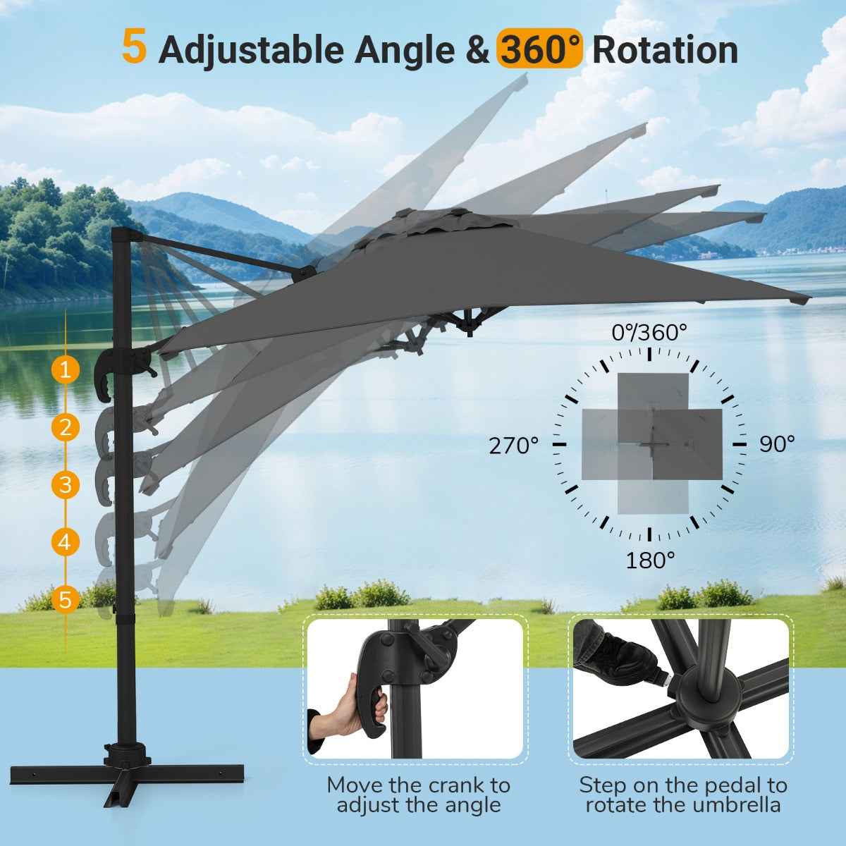 Patio Offset Umbrella with 360° Rotation and 5 Adjustable Tilt 8 Ribs-Grey