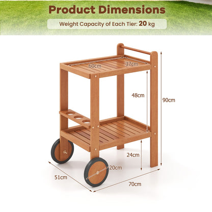 Indoor Outdoor Wood Bar Cart with Wine Bottle Holders and 2 Rubber Wheels