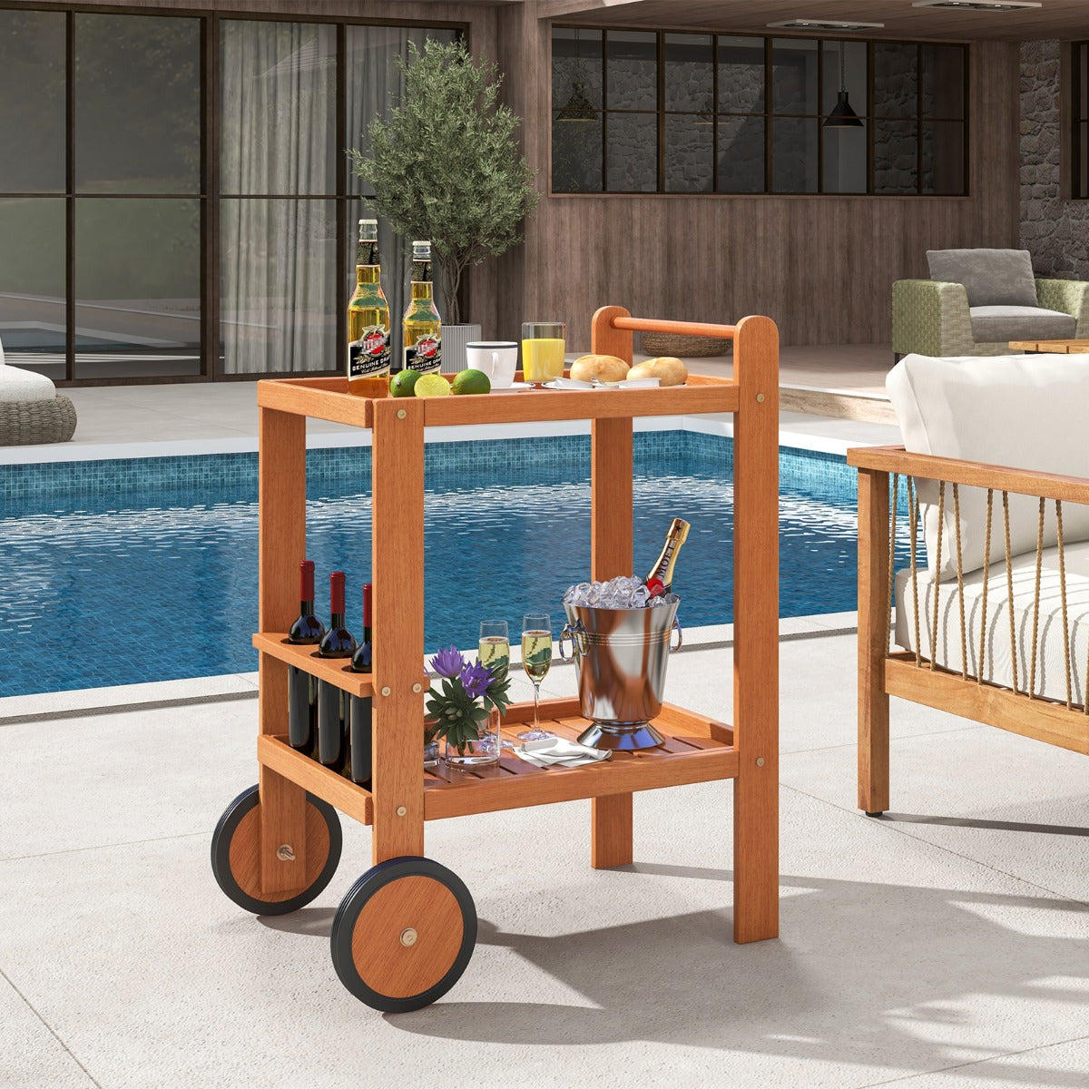 Indoor Outdoor Wood Bar Cart with Wine Bottle Holders and 2 Rubber Wheels