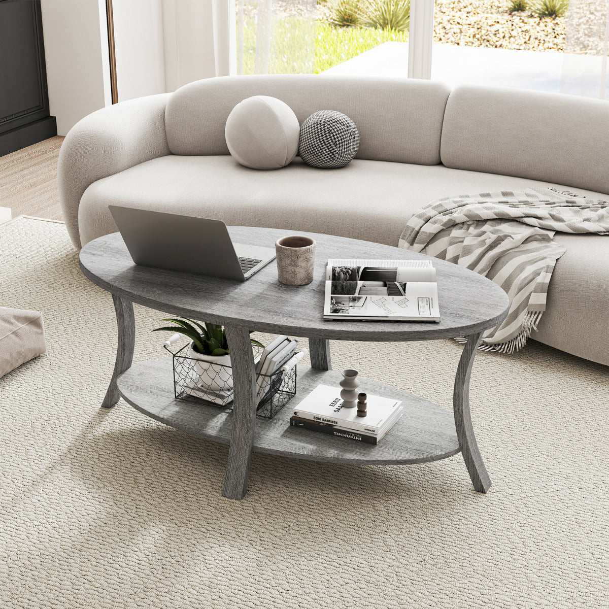 Oval Coffee Table 2-Tier Center Table with Storage Shelf-Grey