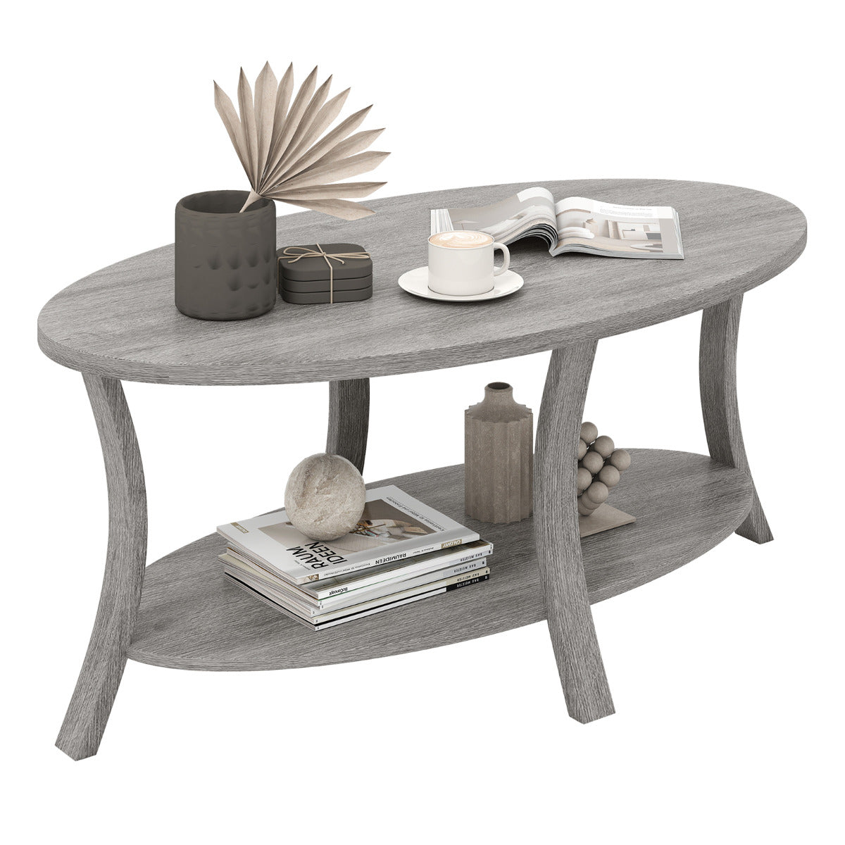 Oval Coffee Table 2-Tier Center Table with Storage Shelf-Grey
