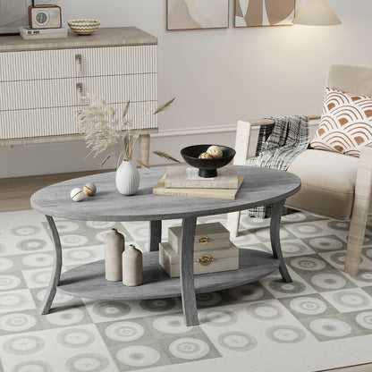 Oval Coffee Table 2-Tier Center Table with Storage Shelf-Grey