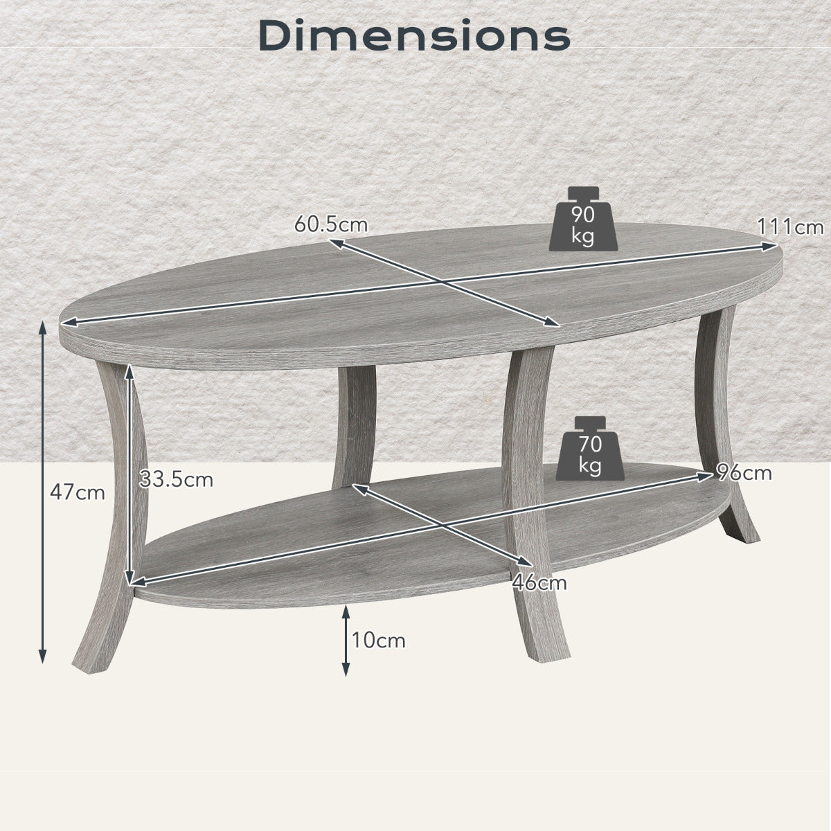 Oval Coffee Table 2-Tier Center Table with Storage Shelf-Grey