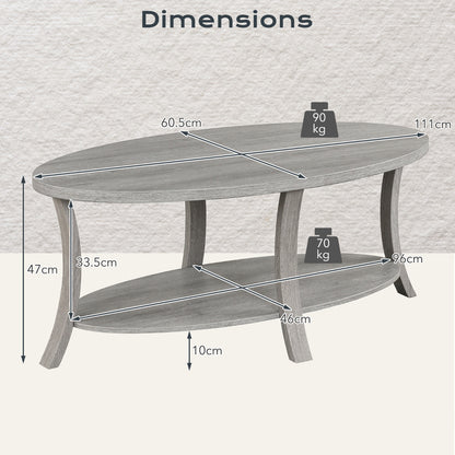 Oval Coffee Table 2-Tier Center Table with Storage Shelf-Grey