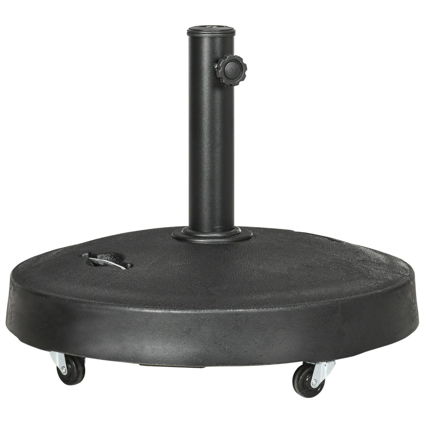 Outsunny 25kg Resin Garden Parasol Base with Wheels and Retractable Handles, Round Outdoor Market Umbrella Stand Weight for Poles of Î¦38mm to Î¦48mm, Black