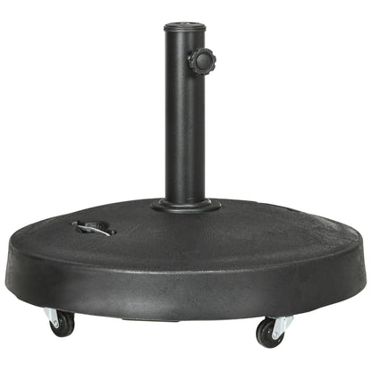 Outsunny 25kg Resin Garden Parasol Base with Wheels and Retractable Handles, Round Outdoor Market Umbrella Stand Weight for Poles of Î¦38mm to Î¦48mm, Black