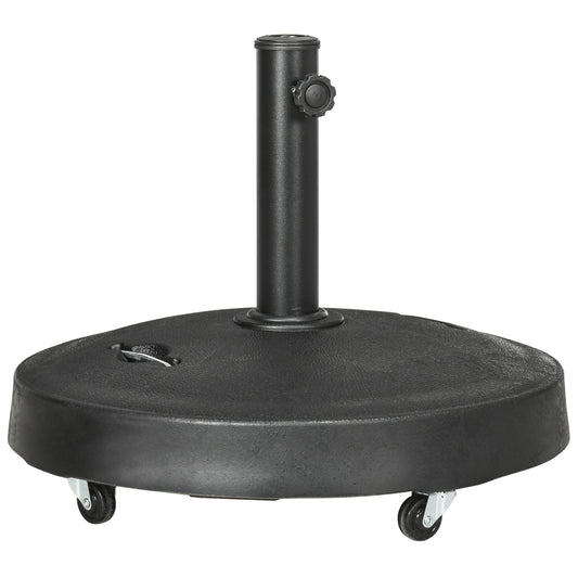 Outsunny 25kg Resin Garden Parasol Base with Wheels and Retractable Handles, Round Outdoor Market Umbrella Stand Weight for Poles of Î¦38mm to Î¦48mm, Black