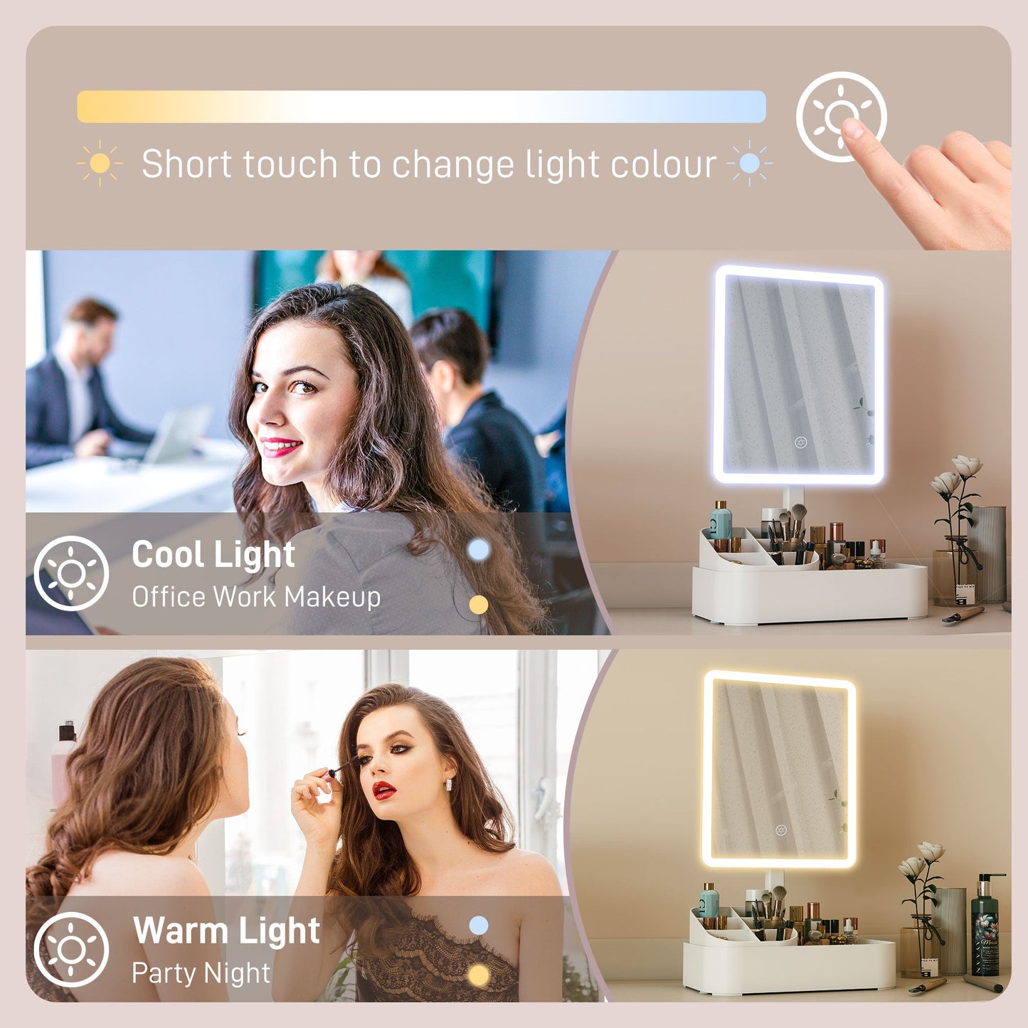 HOMCOM Makeup Mirror with Lights, Rechargeable Vanity Mirror w/ Touch Screen, 2 Lighting Modes and 180Â° Rotation, White
