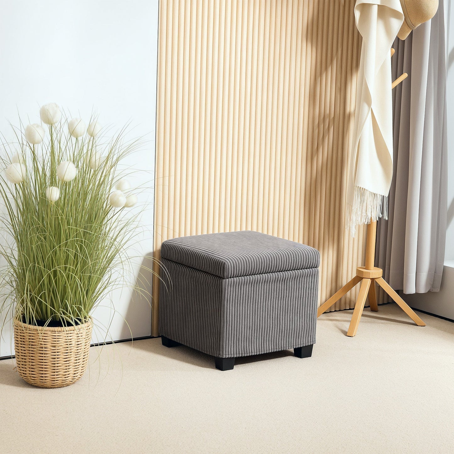HOMCOM Storage Ottoman Bench, Corduroy Footstool with Removable Lid and Legs, 40cm Storage Chest Box for Living Room, Bedroom, Hallway, Grey