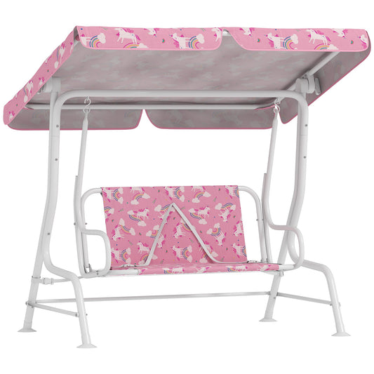 AIYAPLAY Kids Porch Swing, 2-Seater Patio Swing Bench Hammock with Seat Belts, Adjustable Canopy for Garden, Pink