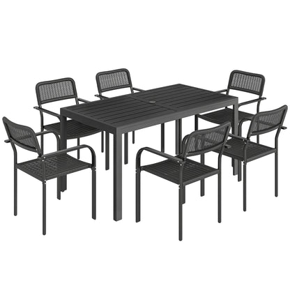 Outsunny Garden Dining Set for 6, Faux Wood Metal Outdoor Table and Stackable Chairs with Plastic Rattan Effect Seat, Black