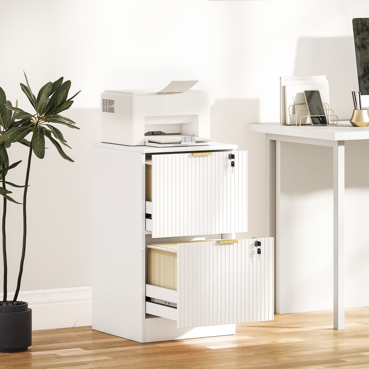 HOMCOM Filing Cabinet, Fluted Vertical File Cabinet with 2 Lockable Drawers and Hanging Rails, White