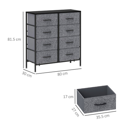 HOMCOM Fabric Chest of Drawers, Industrial Bedroom Dresser with 8 Fabric Drawers, Steel Frame and Wooden Top for Nursery, Living Room, Hallway, Black