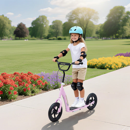 HOMCOM Kids Scooter Kick Scooter, with 12" EVA Tyres, Rear Brake, Big Wheels Scooter for 5-12 Years , Pink