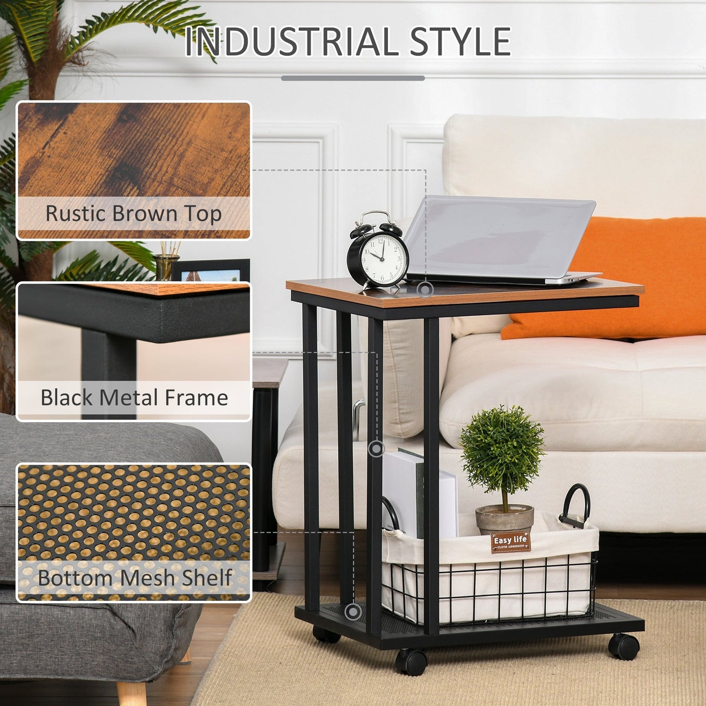 HOMCOM C Shaped Side Table Set of 2 with Wheels, Mobile End Table, Laptop Stand with Metal Frame and Storage Shelf, Rustic Brown