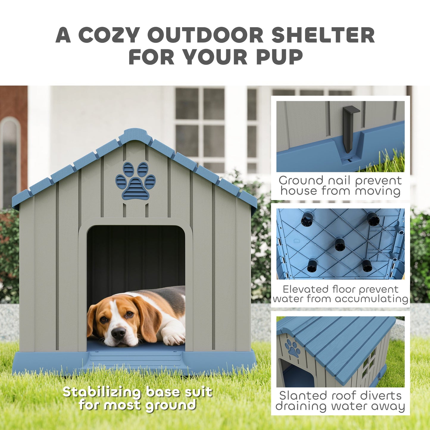 PawHut Dog Kennel Outdoor for Medium Dogs, Waterproof Plastic Dog House for Garden, Patio, 85 x 79 x 82 cm, Grey