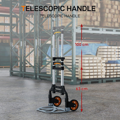 HOMCOM Folding Sack Truck, 70kg Lightweight Hand Truck with Wheels, Foldable Trolley Cart with Telescoping Handle for Warehouse, Office, Luggage, Silver Tone
