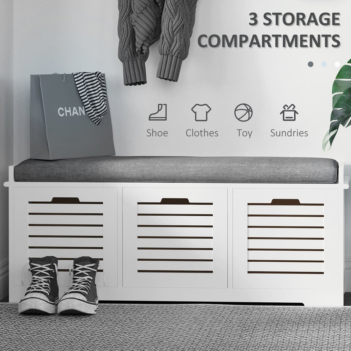 HOMCOM 3-Drawer Shoe Storage Bench - White