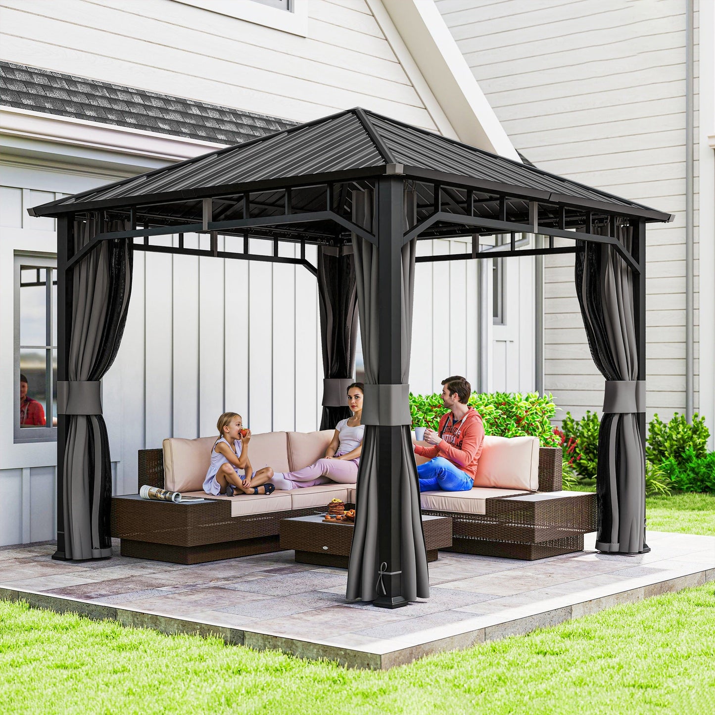 Outsunny 3 x 3(m) Hardtop Gazebo with Galvanised Steel Roof, Waterproof Permanent Pavilion Garden Gazebo with Netting and Curtains for Patio, Deck